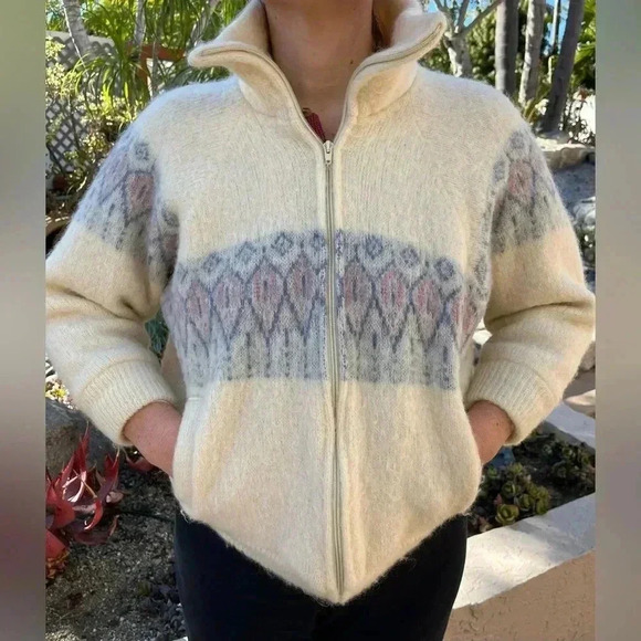 100% Wool Fair Isle Zip Up Jacket Made in Iceland Neutral Shrunk ☹️ Sz S-M - Picture 2 of 12